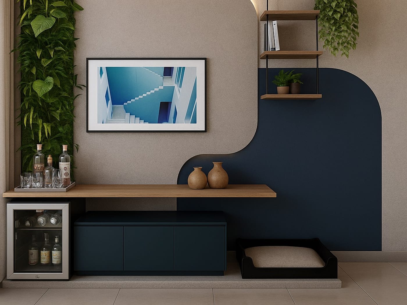 Estante de marcenaria com adega aramada, plantas e quadro