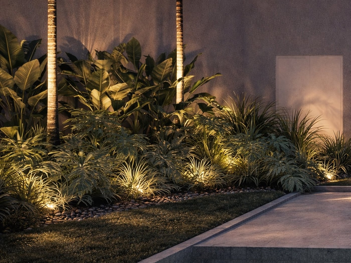 Paisagismo noturno com palmeiras e plantas tropicais iluminadas