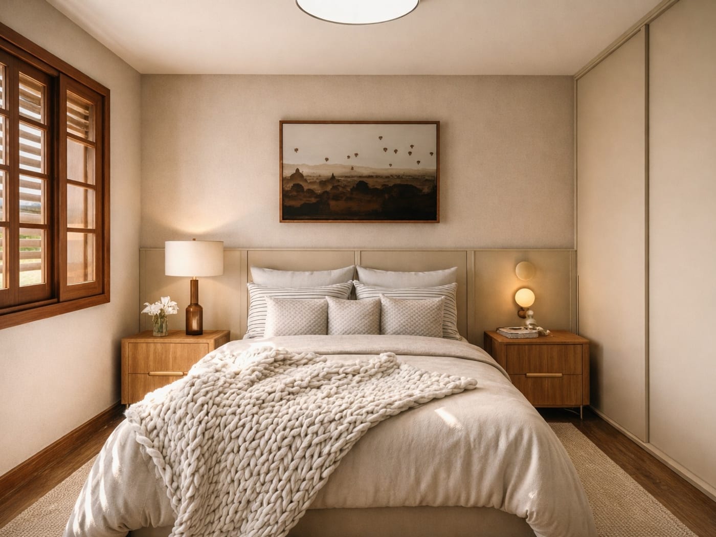 Sala íntima com iluminação indireta e composição neutra