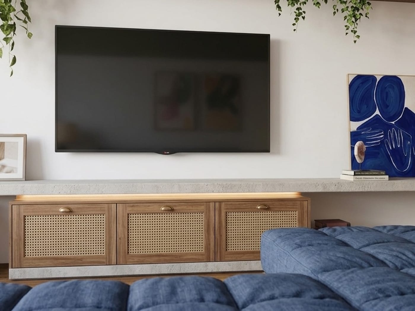 Parede de mídia com TV e painel decorativo em marcenaria