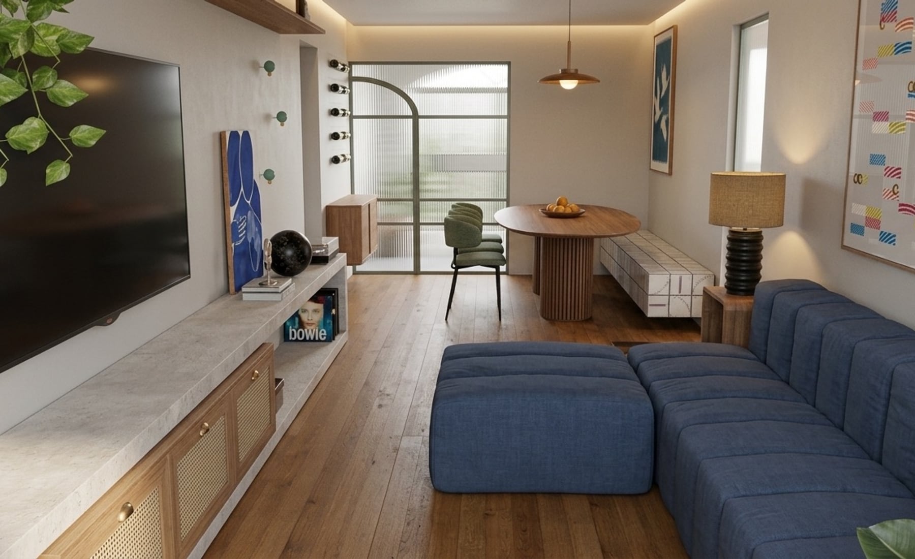 Apto Ninho · sala integrada com sofá modular azul navy, painel de mídia e sala de jantar com pingente cobre