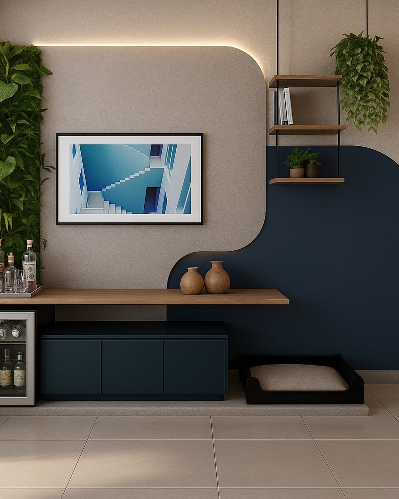 Apto Acalanto, parede curva azul navy com painel verde, prateleiras suspensas e mídia integrada