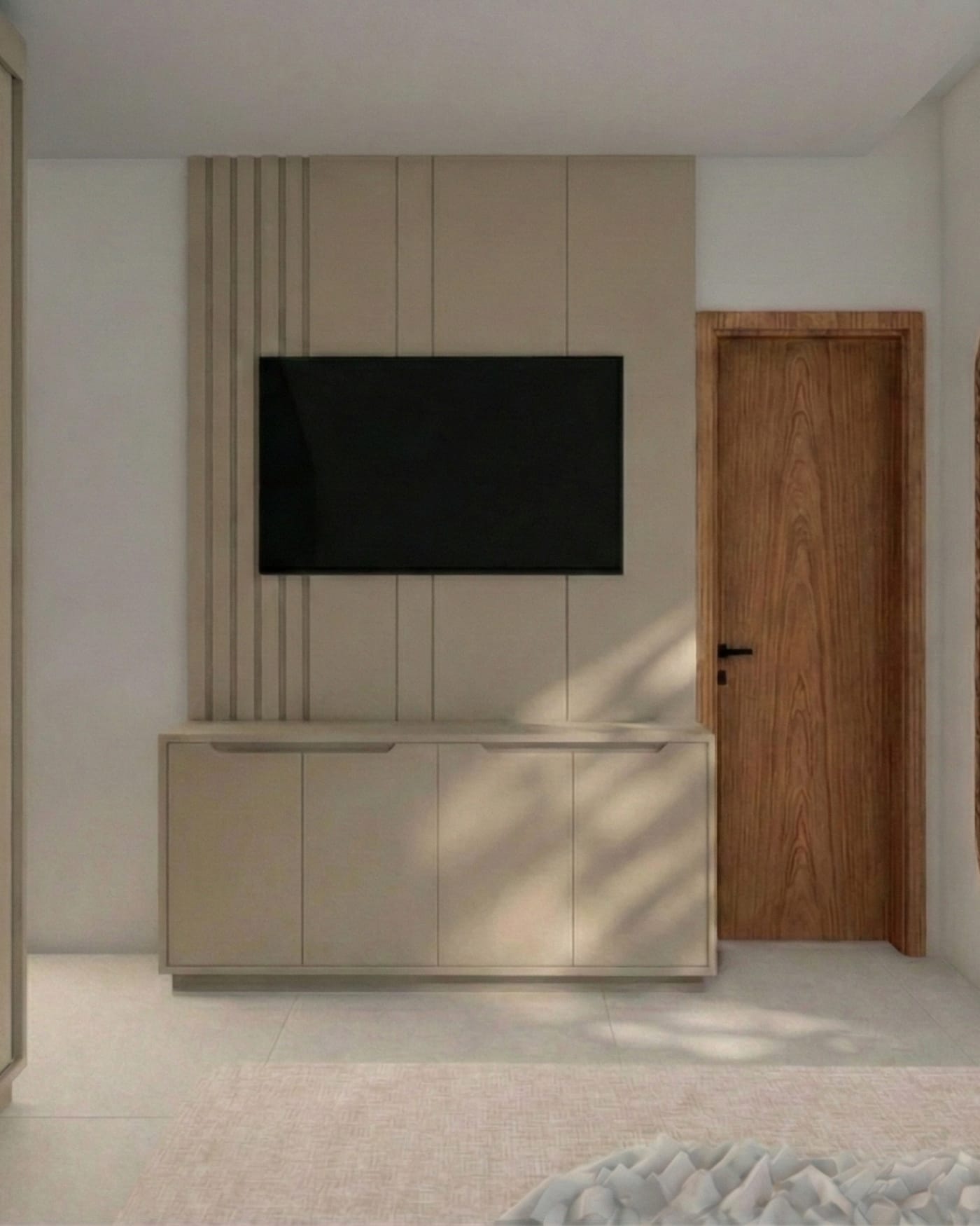 Casa Âmago, painel TV em ranhuras bege, madeira nobre e tons neutros